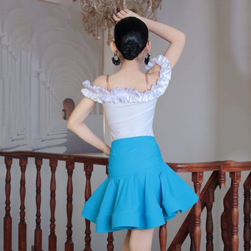 Girls turquoise blue with white Professional latin dance dresses ballrooms salsa rumba chacha Latin dance training uniforms children performances outfits